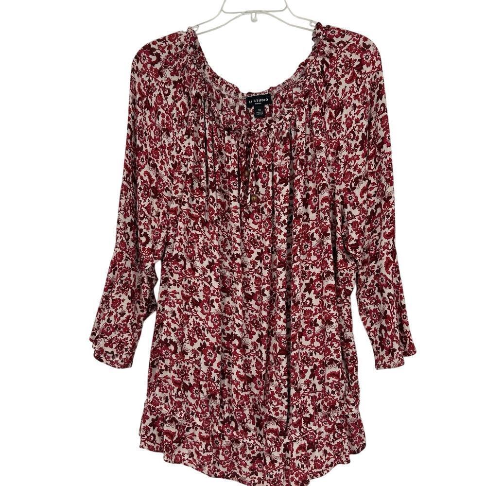 In Studio Boho Peasant Top Pink Ditsy Floral Elastic Waist 3/4 Sleeves Size 1X